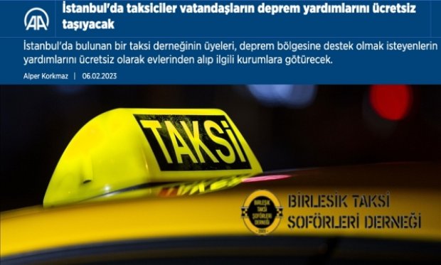 İstanbul'da taksiciler vatandaşların deprem yardımlarını ücretsiz taşıyacak